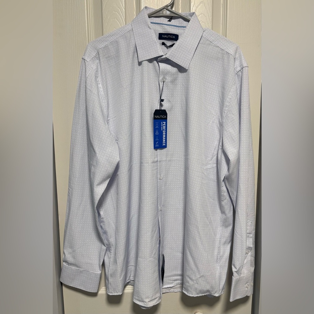 NWT Nautica Men’s White Slim Fit Performance Micro Print Dress Shirt XL